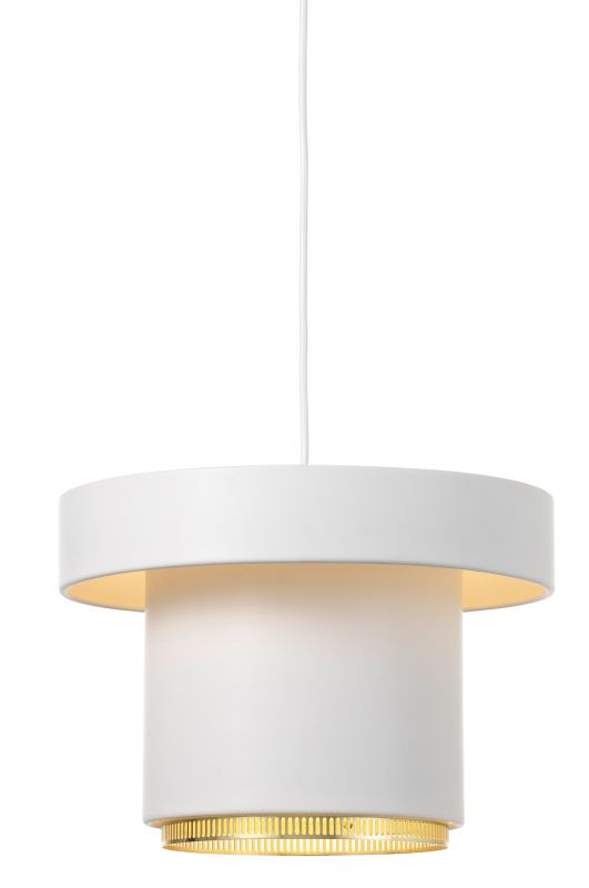 Weiße A201 Pendelleuchte von Artek mit Messingdetails, moderne Hängelampe für Wohnräume.